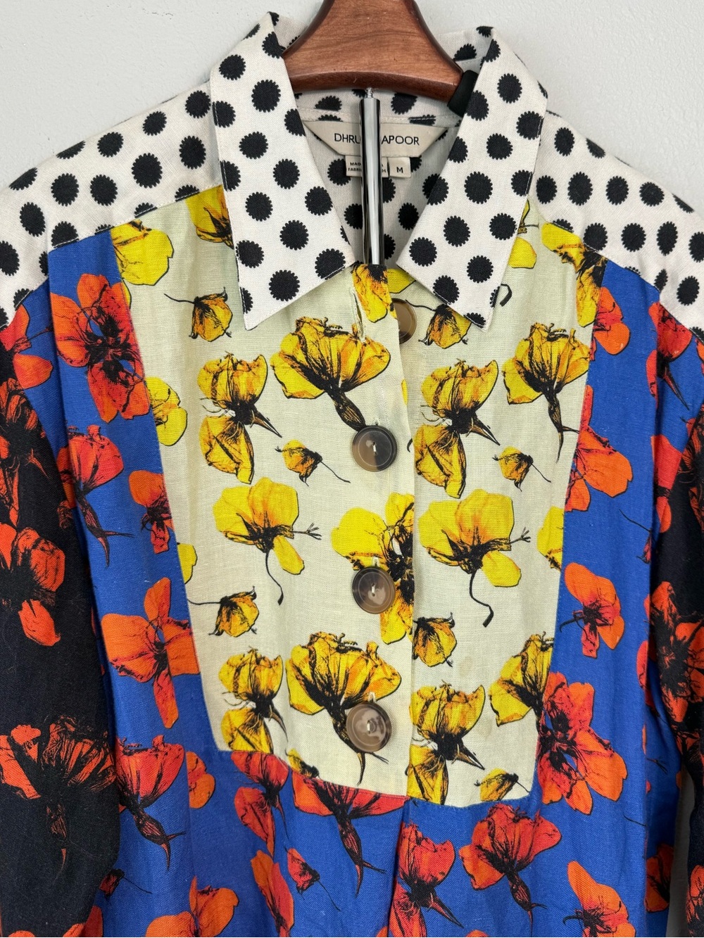 Anthropologie Dhruv Kapoor Coralia Floral Linen Blend Patchwork Shirt Size M - Picture 12 of 13